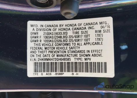 2016 Honda Cr-V Ex-L z USA, uszkodzony, nr VIN 2HKRM4H72GH648585